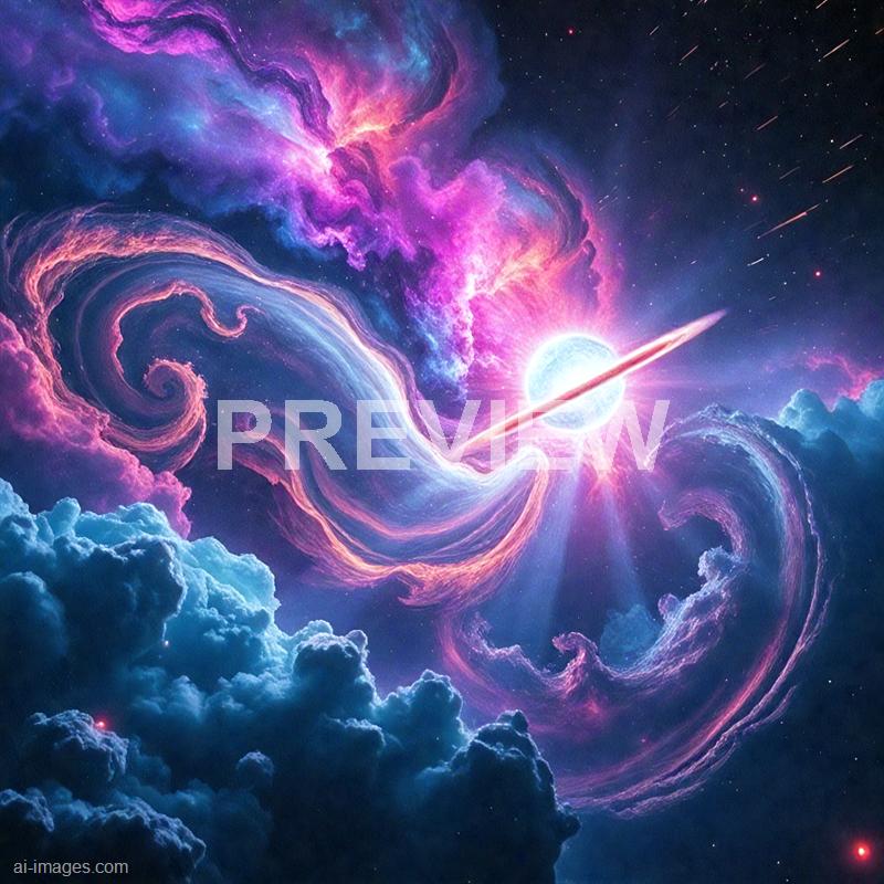 The image depicts a vibrant and fantastical outer space scene with swirling clouds of pink, purple, and blue nebulae. A bright, glowing moon-like object is central, with a sleek, glowing streak passing through it, suggesting motion or a comet. Surrounding the scene are numerous stars and streaks of light, enhancing the dynamic and otherworldly atmosphere.